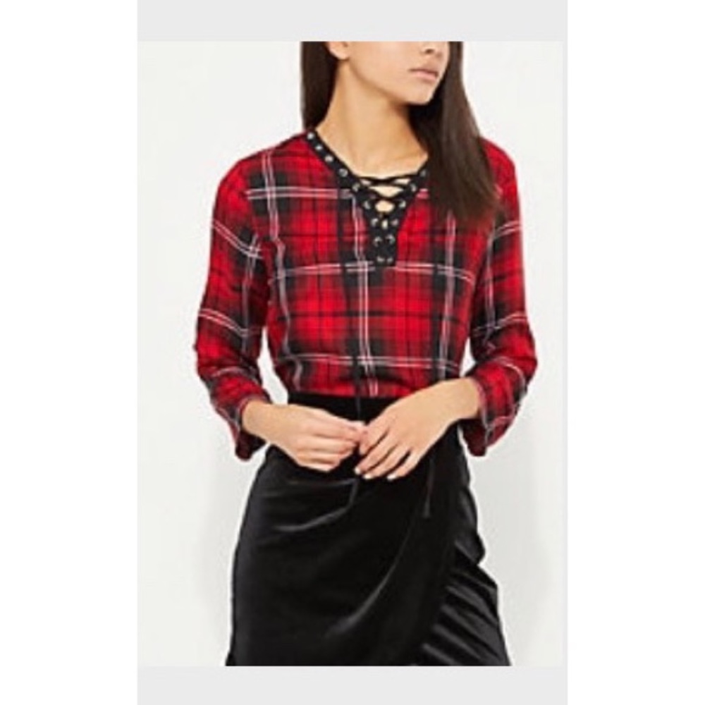 Red Plaid Print Lace Up Shirt